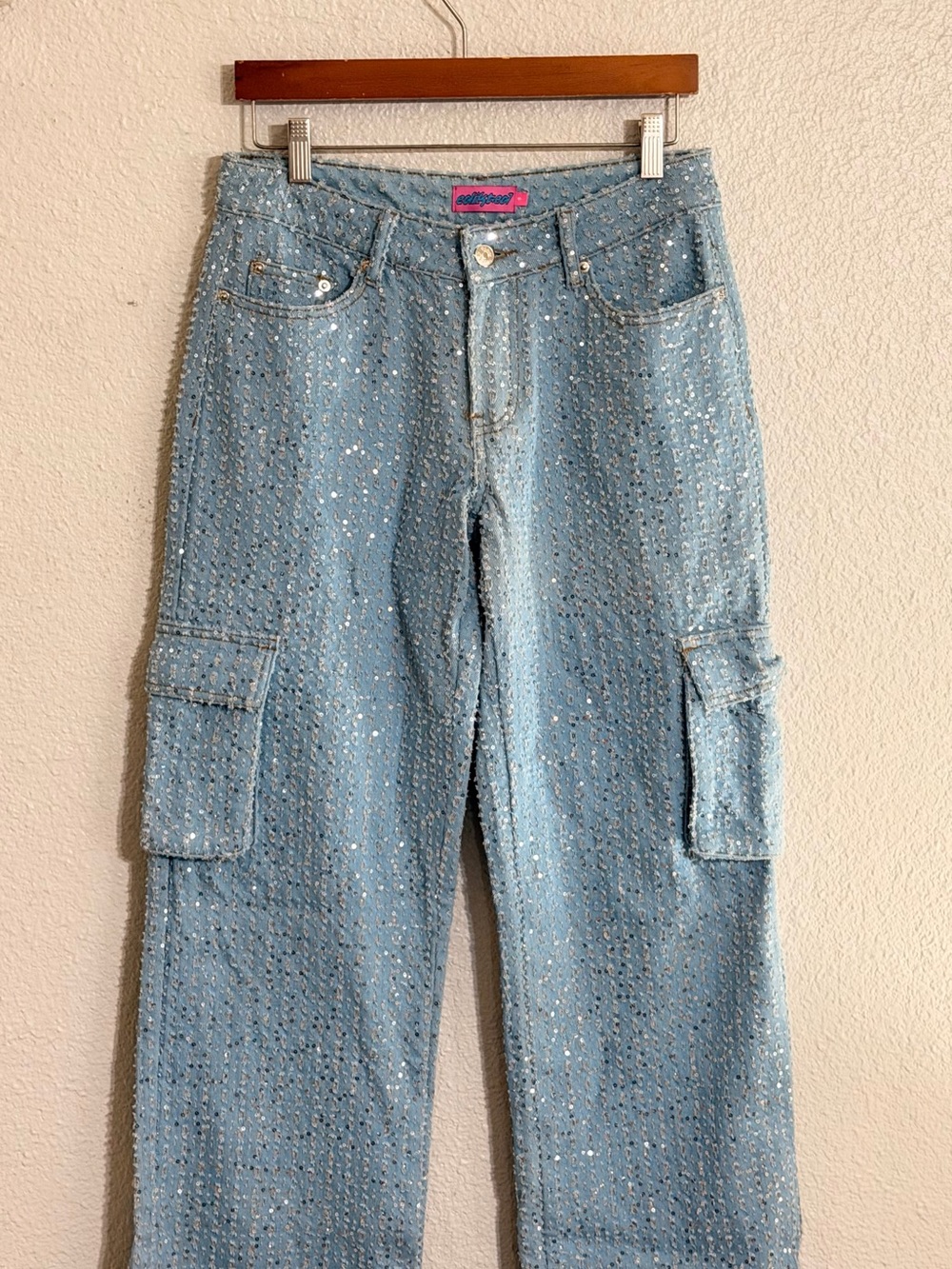 Edikted Light Blue Icing Sequin Low Rise Cargo Jeans - Women